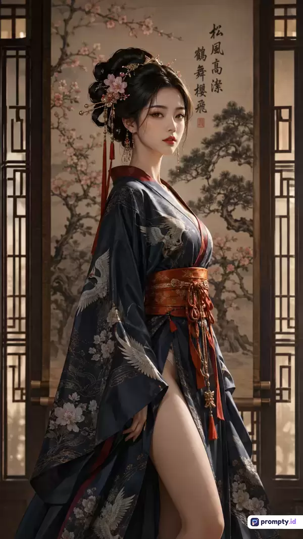 Gambar digital bergaya seni lukis klasik Asia Timur ini menampilkan seorang wanita anggun berambut hitam disanggul dengan hiasan bunga sakura, mengenakan kimono gelap bermotif burung bangau dan obi merah bata, berlatar lukisan dinding pohon pinus dan kaligrafi, dengan dominasi warna biru tua, merah bata, dan krem, serta memiliki kata kunci wanita Asia, kimono tradisional, gaya klasik, kaligrafi Cina, dan estetika oriental.