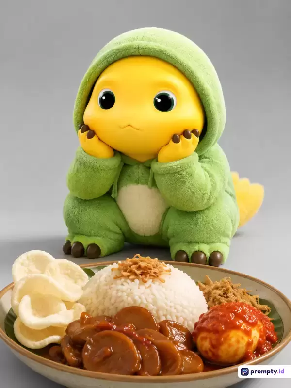 Gambar bergaya ilustrasi 3D yang menggemaskan ini menampilkan karakter kuning berkostum dinosaurus hijau berbulu yang sedang menopang dagu, dengan konten sepiring nasi uduk lengkap dengan lauk pauk tradisional Indonesia di depannya, menggunakan kata kunci: karakter lucu, dinosaurus hijau, makanan Indonesia, nasi uduk, ilustrasi 3D, mainan desainer, menggemaskan, patung, kuliner nusantara, boneka berbulu, yang didominasi oleh warna hijau, kuning, dan putih.