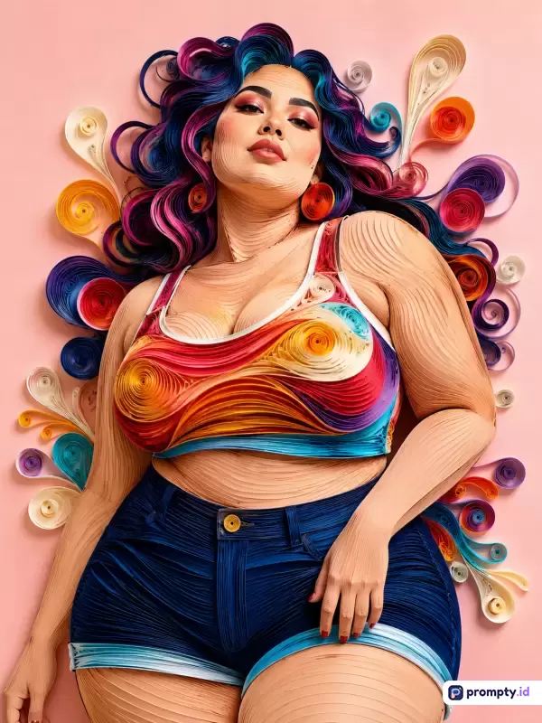 Gambar bergaya seni gulungan kertas (*paper quilling*) ini menampilkan konten seorang wanita bertubuh *plus-size* berambut ikal penuh warna yang dikelilingi ornamen spiral kreatif, dengan kata kunci seni kertas, wanita, tubuh berisi, dan kreativitas, serta didominasi oleh warna merah muda, biru tua, dan jingga.