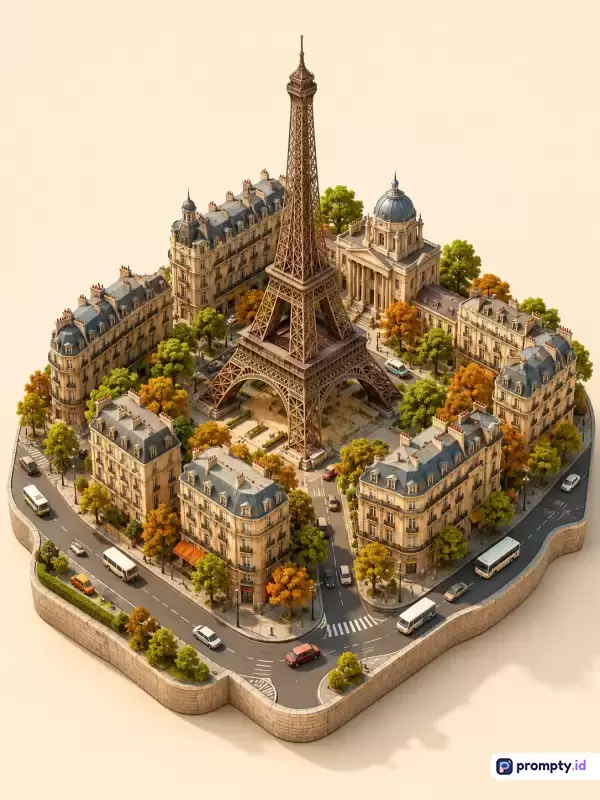 Gambar bergaya diorama isometrik 3D ini menampilkan model miniatur kota Paris dengan Menara Eiffel sebagai pusatnya, dikelilingi arsitektur Haussmann, jalanan beraspal, pohon-pohon musim gugur, serta kendaraan mini, yang menggunakan palet warna dominan cokelat muda, abu-abu, dan hijau zaitun, dengan kata kunci Menara Eiffel, diorama, miniatur, Paris, isometrik, arsitektur, dan kota.
