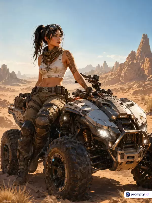Gambar bergenre fiksi ilmiah pasca-apokaliptik bergaya seni digital sinematik ini menampilkan seorang wanita tangguh berambut kuncir kuda mengenakan pakaian taktis kotor dan kacamata pelindung yang sedang duduk di atas kendaraan ATV futuristik dengan latar belakang lanskap gurun berbatu tandus, didominasi oleh palet warna cokelat tanah, krem pasir, dan abu-abu logam, serta diisi dengan kata kunci penjelajah gurun, petualangan bertahan hidup, mesin perang, prajurit wanita, dan masa depan distopia.