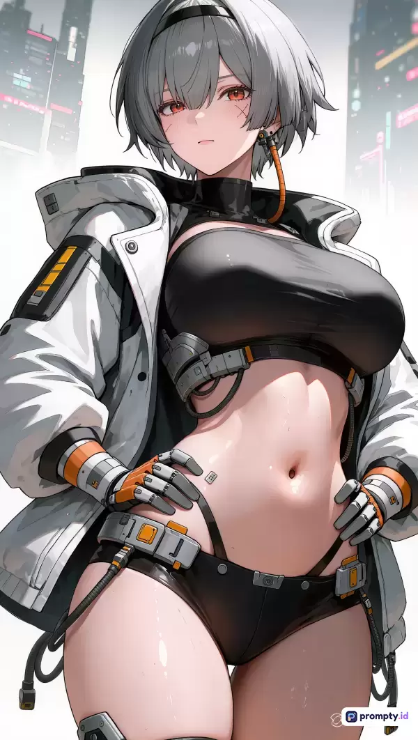Gambar bergaya anime digital ini menampilkan seorang wanita berambut pendek abu-abu dengan pakaian taktis futuristik berupa crop top hitam, jaket putih, dan sarung tangan beraksen oranye, yang dikelilingi kata kunci sci-fi, cyberpunk, ilustrasi, waifu, dan seksi, dengan palet tiga warna dominan putih, hitam, dan oranye.