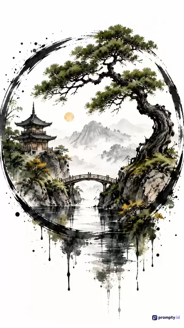 Gambar digital bergaya lukisan cat air dan tinta Cina tradisional ini menampilkan lanskap oriental yang dikemas dalam lingkaran Enso berisi pohon pinus megah, pagoda klasik, jembatan lengkung, dan pegunungan berkabut dengan kata kunci seni Asia, pemandangan damai, dan ilustrasi alam, serta didominasi oleh warna hitam, hijau tua, dan putih.