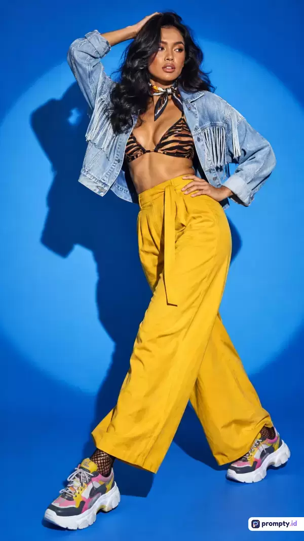 Gambar fotografi fesyen kontemporer ini menampilkan model wanita bergaya kasual-chic berpose dinamis dengan latar belakang biru solid, mengenakan jaket denim berumbai, bra motif macan, celana panjang kuning lebar, dan sepatu kets tebal yang mencerminkan gaya urban modern, dengan kata kunci utama fesyen, model, denim, kuning, dan tren, serta didominasi oleh warna biru, kuning, dan cokelat.