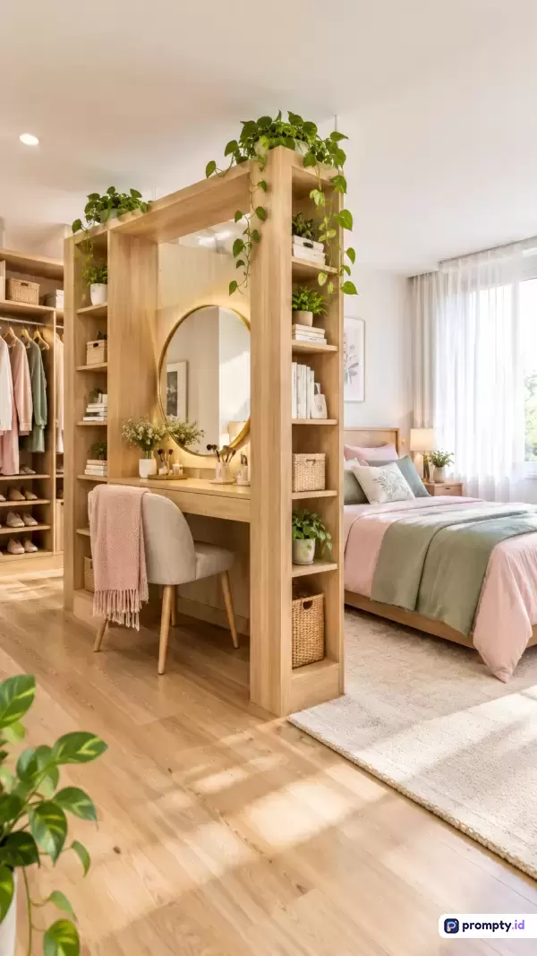 Gambar fotografi interior bergaya modern-minimalist ini menampilkan kamar tidur estetis dengan sekat rak kayu multifungsi yang memuat meja rias cermin bundar dan tanaman hias hijau, menggunakan palet warna dominan cokelat kayu, merah muda pastel, dan hijau sage, serta kata kunci: kamar tidur, meja rias, sekat ruangan, desain interior, dekorasi minimalis, tanaman hias, kayu alami.