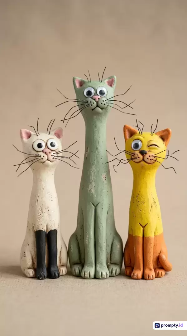 Gambar ini menampilkan tiga patung kucing bergaya buatan tangan yang unik dengan sentuhan humor, menampilkan konten figur dekoratif berleher panjang bermata googly, menggunakan gaya seni kerajinan tangan yang kekinian dan lucu, dengan palet warna dominan cokelat muda, hijau sage, dan kuning cerah, serta kata kunci: patung kucing, dekorasi rumah, kerajinan tangan, seni unik, humor.