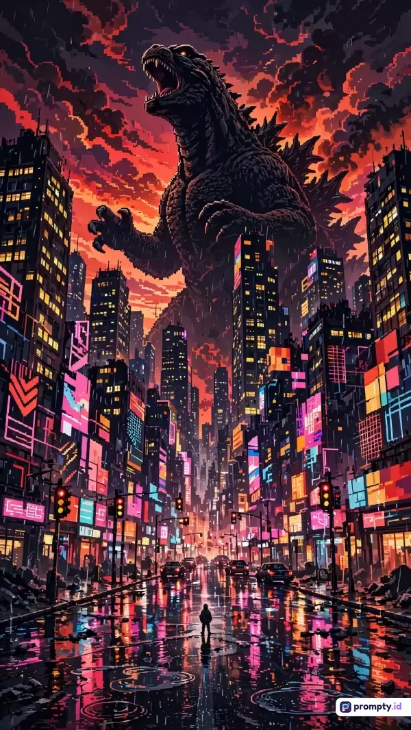 Gambar berformat seni piksel ini menggambarkan monster Godzilla raksasa yang sedang mengaum di tengah kota cyberpunk malam hari dengan latar langit merah berapi, dipenuhi pencakar langit bercahaya neon serta jalanan basah yang memantulkan cahaya, dengan tiga warna dominan yaitu merah, hitam, dan kuning, serta kata kunci Godzilla, seni piksel, cyberpunk, monster, kota, dan malam hari.