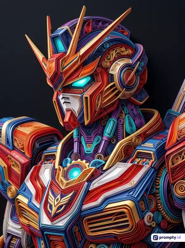 Gambar ini menampilkan robot mecha futuristik bergaya seni quilling kertas dengan konten robot Gundam bersudut tajam, kata kunci utama gundam, mecha, quilling kertas, seni, robot, warna dominan biru tua, merah terang, dan kuning keemasan, serta kombinasi warna yang kontras dan kompleks.