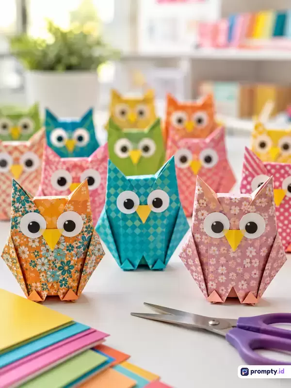 Gambar fotografi bergaya buatan tangan ini menampilkan sekelompok kerajinan origami burung hantu yang berwarna-warni dengan pola ceria, mata googly, dan paruh segitiga yang disusun rapi di atas meja putih bersama tumpukan kertas lipat serta gunting ungu, dengan kata kunci origami burung hantu, kerajinan tangan, seni kertas, dekorasi kreatif, DIY anak, dan tiga warna dominan yaitu biru, merah muda, dan jingga.
