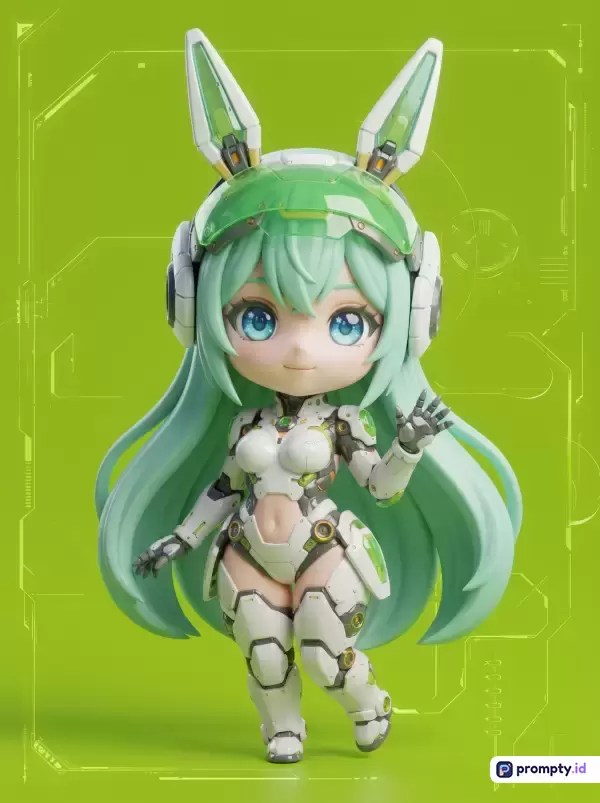 Gambar berformat digital 3D dengan gaya chibi anime futuristik ini menampilkan karakter cyborg wanita berambut hijau mint mengenakan armor putih-hijau dan aksesori telinga kelinci mekanis berlatar belakang antarmuka hologram hijau, yang direpresentasikan melalui kata kunci sci-fi, mainan vinil, mecha, robot, dan sci-fi, dengan dominasi tiga warna utama yaitu hijau limau, putih bersih, dan hijau mint.