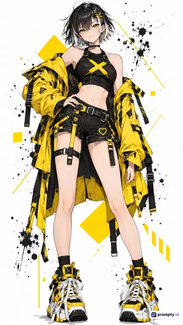 Gambar bergenre anime modern dengan gaya ilustrasi digital ini menampilkan karakter wanita berambut pendek hitam-putih yang mengenakan pakaian jalanan serba hitam dan jaket kuning cerah, dilengkapi elemen desain grafis percikan tinta serta latar belakang putih bersih, yang dapat direpresentasikan melalui kata kunci anime, gadis keren, pakaian jalanan, kuning, hitam, putih, seni digital, ilustrasi, cyberpunk, dan fesyen modern, dengan tiga warna dominan yaitu kuning, hitam, dan putih.
