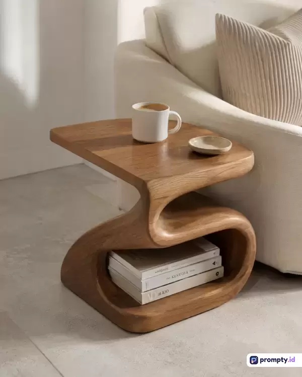 Gambar bergaya fotografi interior minimalis modern ini menampilkan sudut ruang tamu dengan konten meja kopi kayu berbentuk unik yang menampung cangkir kopi dan beberapa buku di rak bawahnya, serta sofa putih bertekstur di latar belakang, dengan palet warna dominan cokelat kayu, putih gading, dan krem hangat, serta kata kunci: meja kayu minimalis, interior estetik, ruang tamu modern, furnitur unik, dekorasi rumah.