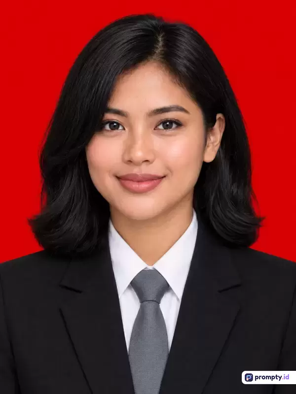 Gambar bergaya potret formal formal beresolusi tinggi ini menampilkan seorang wanita muda Asia berambut hitam pendek sebahu dengan senyuman ramah, mengenakan setelan jas hitam, kemeja putih, dan dasi abu-abu berlatar belakang merah solid, yang dikategorikan dengan kata kunci wanita, profesional, pasfoto, formal, dan korporat, serta didominasi oleh warna merah, hitam, dan abu-abu.