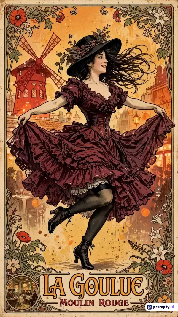 Gambar poster vintage bergaya Art Nouveau ini menampilkan ilustrasi wanita penari cabaret bergaun merah marun dan topi hitam sedang menari riang di depan kincir angin ikonik Moulin Rouge Paris, diperkaya dengan ornamen bunga-bunga artistik serta teks LA GOULUE, yang didominasi oleh warna jingga hangat, merah marun, dan hitam kecokelatan.