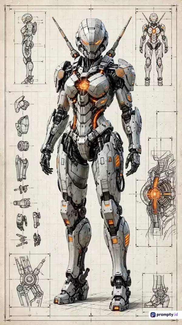 Gambar bergaya ilustrasi fiksi ilmiah dan cetak biru teknis ini menampilkan karakter robot humanoid masa depan dengan desain mekanis yang rumit, dilengkapi kata kunci robot, mecha, sci-fi, blueprint, dan teknologi, serta didominasi oleh warna putih, abu-abu, dan jingga.