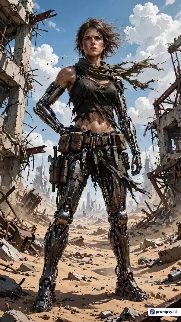 Gambar bergaya seni digital fiksi ilmiah pasca-apokaliptik ini menampilkan konten seorang wanita tangguh berbadan sibernetik dengan latar reruntuhan kota berpasir, kaya akan kata kunci sci-fi, cyborg, wanita pejuang, kehancuran, dan bertahan hidup, didominasi warna cokelat tanah, abu-abu logam, dan biru langit.