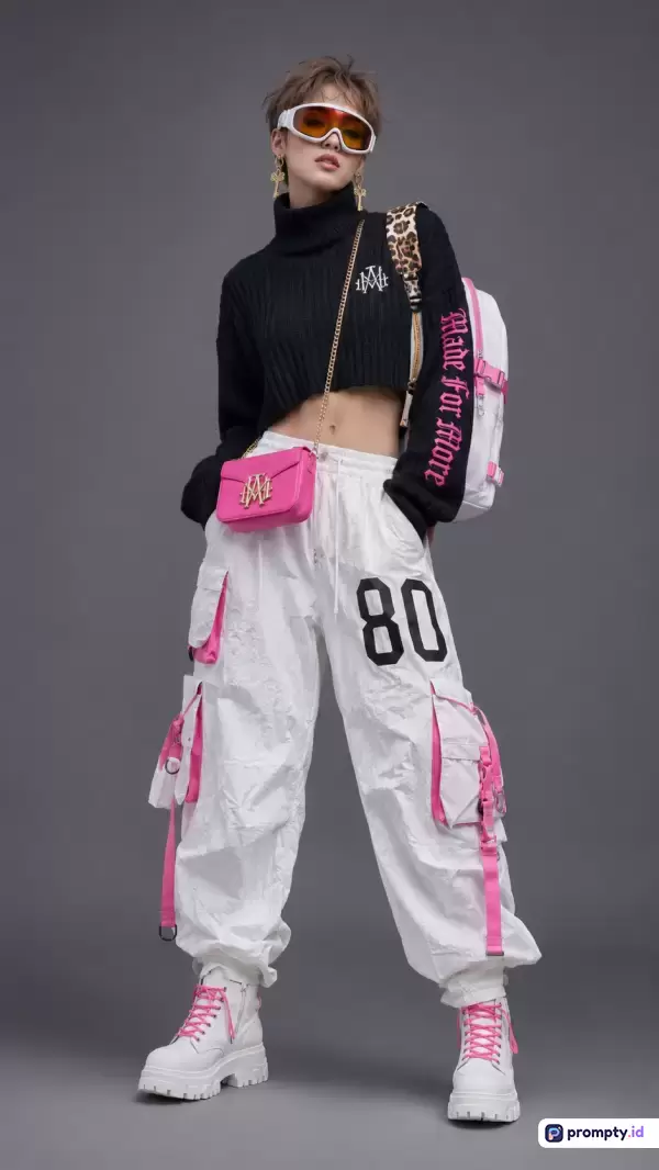 Gambar berformat fotografi studio modern ini menampilkan seorang model wanita bergaya street style futuristis dengan konten fesyen urban, mengenakan crop top hitam, celana kargo putih bernomor 80, serta aksesori kacamata ski dan tas merah muda, dengan kata kunci fashion, streetwear, urban, futuristik, kargo, gaya, model, tren, pose, dan estetika, serta didominasi oleh warna hitam, putih, dan merah muda.
