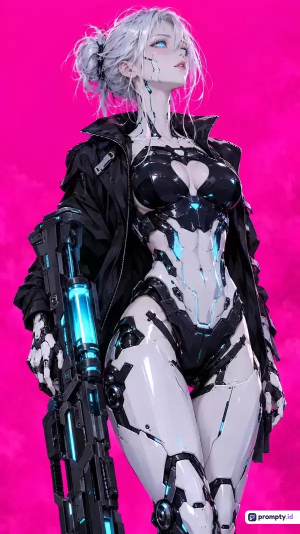 Gambar bergaya anime digital ini menampilkan seorang cyborg wanita berambut perak berpose percaya diri sambil membawa senjata besar, divisualisasikan dengan kata kunci fiksi ilmiah, mecha, dan futuristik, yang didominasi oleh warna merah muda, hitam, dan biru muda.