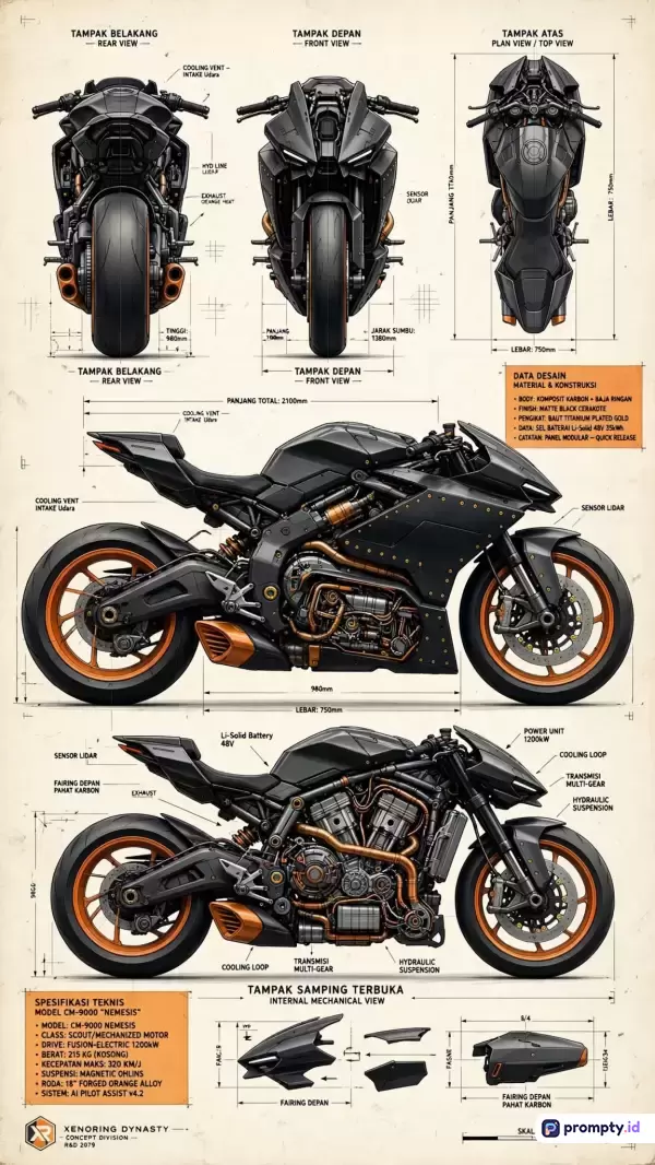 Gambar berkonsep cetak biru teknis bergaya ilustrasi digital ini menampilkan sepeda motor futuristik berwarna hitam dengan aksen oranye, dilengkapi spesifikasi detail, tampak depan, belakang, atas, samping, serta komponen internal, dengan kata kunci desain futuristik, skema teknis, sepeda motor hitam-oranye, dan tiga warna dominan yaitu hitam, oranye, dan abu-abu.