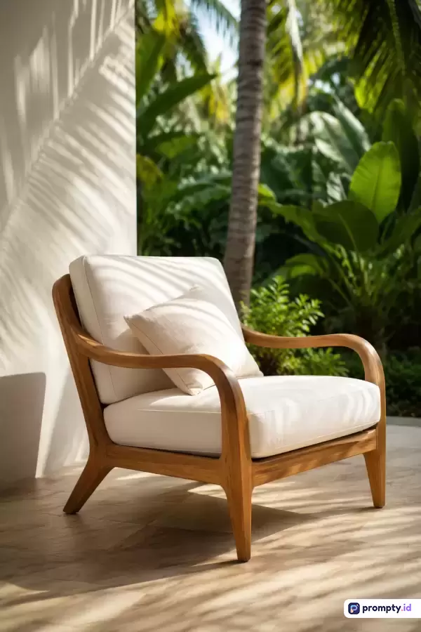 Gambar bergaya fotografi interior-eksterior realistis ini menampilkan sebuah kursi santai kayu dengan bantal putih bersih yang terletak di teras tropis dengan latar belakang dedaunan hijau subur, menggunakan dominasi warna cokelat kayu, putih krem, dan hijau daun, serta diperkaya dengan kata kunci kursi kayu, teras tropis, desain minimalis, dan bayangan alami.