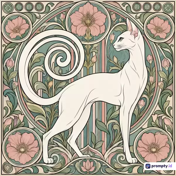 Gambar ini menampilkan ilustrasi kucing putih elegan dengan ekor melingkar dekoratif dalam gaya Art Nouveau yang dipenuhi pola bunga-bunga merah muda dan dedaunan hijau melengkung, dengan warna dominan merah muda pastel, hijau sage, dan krem, serta kata kunci seni dekoratif, kucing, flora, vintage, dan simetri.