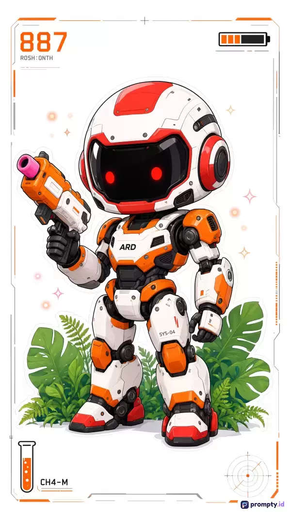 Gambar ini menampilkan ilustrasi digital bergaya stiker chibi sci-fi dengan konten robot futuristik berwajah layar hitam bermata merah yang memegang pistol mainan oranye di antara dedaunan tropis, dilengkapi elemen UI antarmuka teknologi tinggi berbingkai oranye, serta menggunakan kata kunci robot, fiksi ilmiah, chibi, stiker, dan teknologi, dengan palet warna dominan putih, oranye, dan hitam.