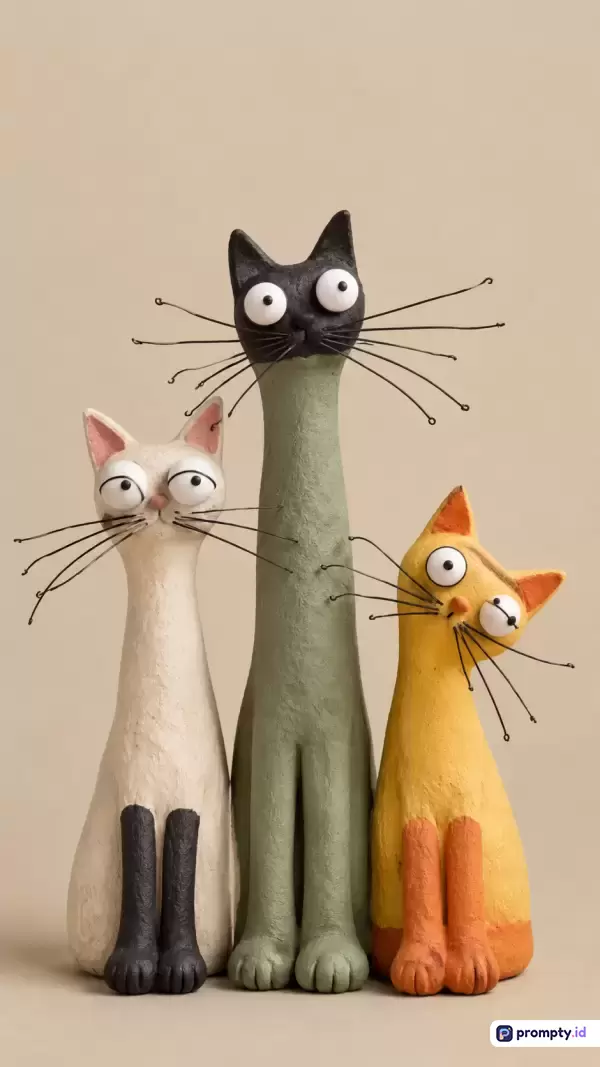 Gambar ini menampilkan tiga patung kucing bergaya seni buatan tangan yang unik, dengan konten tiga ekor kucing berleher panjang yang duduk berdampingan, menggunakan kata kunci dekorasi rumah, kerajinan tangan, patung kucing, seni unik, dan estetika minimalis, serta didominasi oleh warna krem, hijau zaitun, dan jingga kecokelatan.