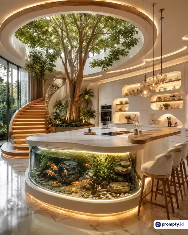 Gambar bergaya arsitektur modern futuristik dan biofilik ini menampilkan interior dapur mewah dengan konten pulau dapur berbentuk unik berakurium kaca lengkung berisi ikan koi, tangga spiral kayu, dan pohon besar hidup yang menembus langit-langit berlampu *warm white*, serta dikelilingi kata kunci interior mewah, dapur futuristik, konsep biofilik, pulau dapur akuarium, tangga kayu, pohon dalam rumah, dan dekorasi tanaman, dengan dominasi palet warna putih gading, cokelat kayu, dan hijau tanaman.