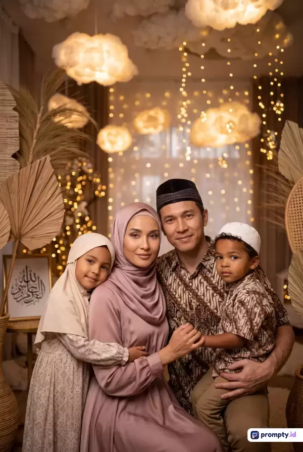 Gambar bertema keluarga harmonis ini menggunakan gaya fotografi potret hangat dengan konten keluarga muslim yang mengenakan busana serasi, memuat kata kunci Ramadan, keluarga bahagia, dan dekorasi Islami, didominasi oleh warna cokelat muda, krem, serta emas hangat, dengan tiga warna dominan yaitu cokelat, krem, dan emas.