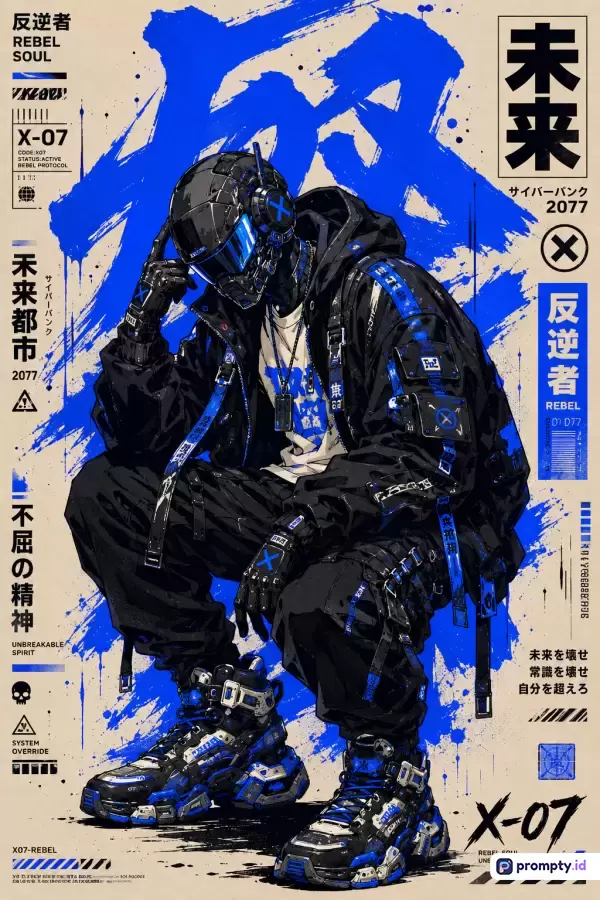 Gambar bergaya ilustrasi anime cyberpunk modern ini menampilkan seorang karakter futuristik mengenakan pakaian *techwear* hitam dengan aksen biru dan helm taktis, dilengkapi latar belakang poster bertuliskan huruf Jepang dan elemen grafis cipratan cat, serta menggunakan palet warna dominan biru elektrik, hitam pekat, dan krem muda dengan kata kunci utama: *cyberpunk, anime, techwear, futuristik, rebel soul, x-07, poster*.