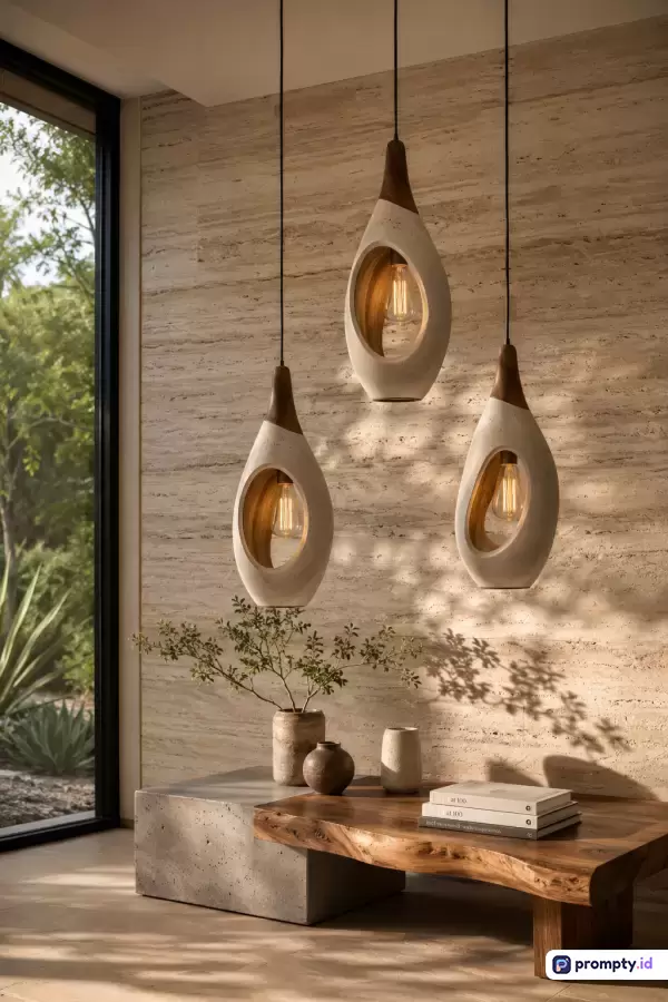 Gambar dengan gaya fotografi interior modern ini menampilkan konten dekorasi ruang tamu yang estetik dengan tiga lampu gantung berbentuk tetesan air berbahan kayu dan keramik, meja kayu alami, vas bunga minimalis, serta dinding bertekstur batu travertine, yang menggunakan kata kunci lampu gantung, desain interior, dekorasi minimalis, estetika modern, dan material alami, dengan palet warna dominan cokelat kayu, krem batu, dan putih hangat.