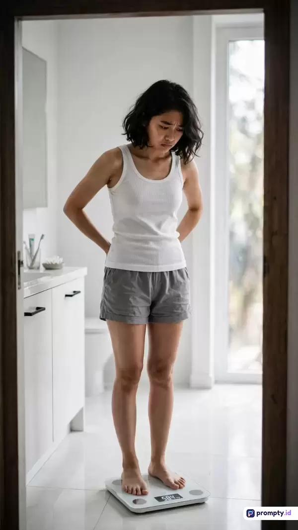 Foto bergaya dokumenter-realistis ini menampilkan seorang wanita muda Asia berambut hitam pendek mengenakan tank top putih dan celana pendek abu-abu yang berdiri cemas di atas timbangan digital di kamar mandi minimalis bernuansa putih, abu-abu, dan cokelat kayu, dengan kata kunci: berat badan, diet, kecemasan, kesehatan, dan cermin.