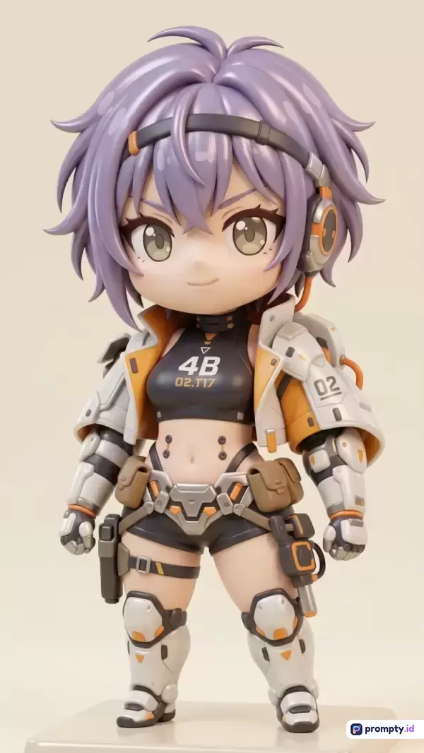 Gambar bergaya figurin 3D chibi sci-fi ini menampilkan karakter anime berambut ungu dengan pakaian tempur futuristik putih-oranye, menggunakan kata kunci chibi, action figure, sci-fi, anime, karakter futuristik, memiliki tiga warna dominan yaitu ungu, oranye, dan putih.