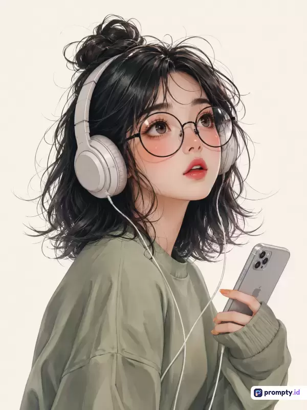 Gambar ilustrasi digital bergaya anime modern ini menampilkan seorang gadis berambut hitam pendek bergelombang yang dikuncir separuh, mengenakan kacamata bundar, baju hijau sage, serta headphone putih sambil memegang ponsel pintar, dengan kata kunci wanita, anime, headphone, kacamata, estetika, dan ilustrasi digital, serta didominasi oleh tiga warna utama yaitu hijau sage, hitam, dan putih gading.