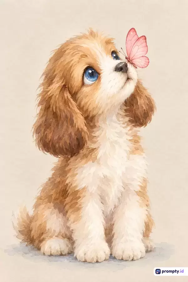 Gambar ilustrasi bergaya cat air yang menggemaskan ini menampilkan konten anak anjing berbulu cokelat-putih bermata biru cerah yang sedang asik menatap kupu-kupu merah muda di hidungnya, dengan kata kunci anak anjing, kupu-kupu, lucu, ilustrasi, cat air, hewan, peliharaan, seni, estetika, dan imut, serta didominasi oleh warna cokelat, putih, dan merah muda.