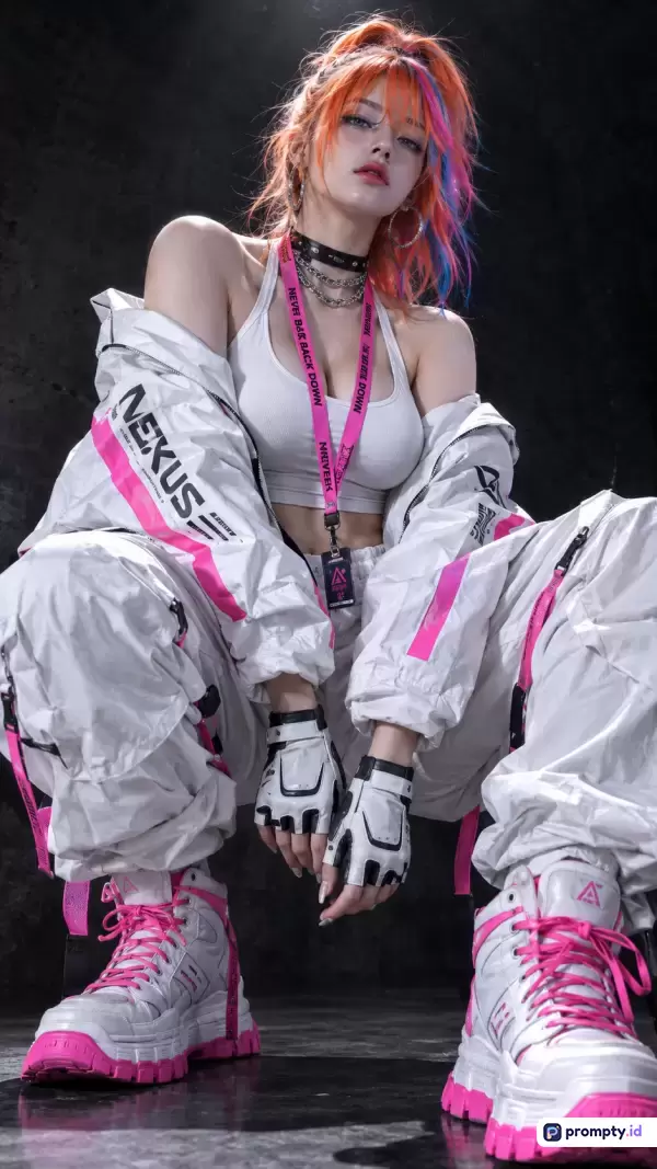 Gambar fotografi gaya cyberpunk ini menampilkan seorang wanita berambut oranye-biru yang berpose jongkok mengenakan pakaian jalanan serba putih dengan aksen merah muda, sarung tangan taktis, dan sepatu chunky, memuat kata kunci mode futuristik, potret gaya jalanan, estetika fiksi ilmiah, dengan tiga warna dominan yaitu putih, merah muda, dan hitam.