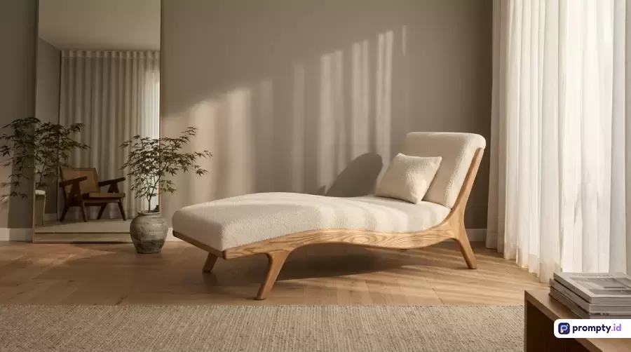 Gambar bergaya minimalis modern ini menampilkan konten interior ruang tamu hangat dengan fokus pada kursi malas berkerangka kayu dan berlapis kain krem, yang dilengkapi elemen dekoratif tanaman hijau dalam pot, cermin besar, tirai putih tipis tembus cahaya, serta pencahayaan alami matahari sore, dengan kata kunci desain interior, kursi malas, minimalis modern, estetika hangat, dekorasi rumah; palet warna dominan cokelat kayu, krem, dan putih; serta tiga warna dominan yaitu cokelat kayu, krem, dan putih.