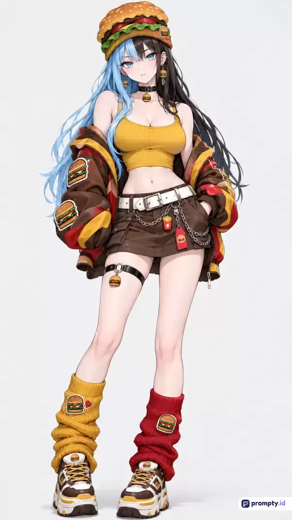 Gambar bergaya anime modern ini menampilkan karakter wanita berambut dua warna (biru dan hitam) yang mengenakan pakaian bertema burger lengkap dengan topi berbentuk burger, crop top kuning, jaket cokelat, rok mini, serta kaos kaki dan sepatu chunky, dengan kata kunci karakter anime, fashion fast food, burger, gadis cantik, dan gaya jalanan, yang didominasi oleh warna cokelat, kuning, dan putih.