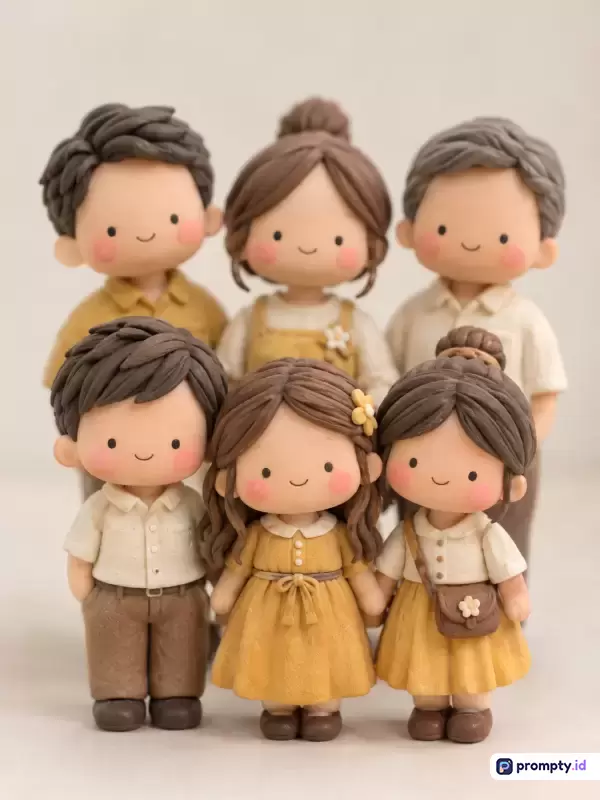 Gambar ini menampilkan gaya seni figurin tanah liat (clay art) yang menggemaskan dengan konten potret keluarga beranggotakan enam orang berwajah imut minimalis, menggunakan kata kunci keluarga, miniatur, lucu, kerajinan tangan, dan estetika, didominasi oleh palet warna cokelat, kuning mustard, dan krem.
