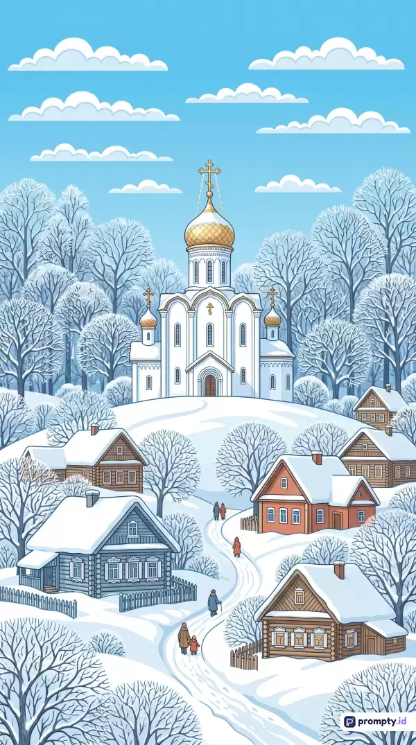 Gambar bergaya ilustrasi kartun datar ini menampilkan konten lanskap pedesaan bersalju dengan gereja berkubah emas dan rumah-rumah kayu tradisional, serta dilengkapi kata kunci desa musim dingin, gereja orthodox, salju, pohon gundul, dan arsitektur Rusia, dengan dominasi warna biru langit, putih salju, dan cokelat kayu.
