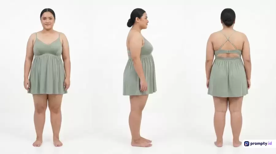 Gambar fotografi studio komersial beresolusi tinggi menampilkan wanita plus-size dari sudut depan, samping, dan belakang dengan gaun tidur hijau sage berpotongan santai dengan latar belakang putih bersih, menekankan kata kunci inklusivitas tubuh, fesyen, dan pakaian santai.