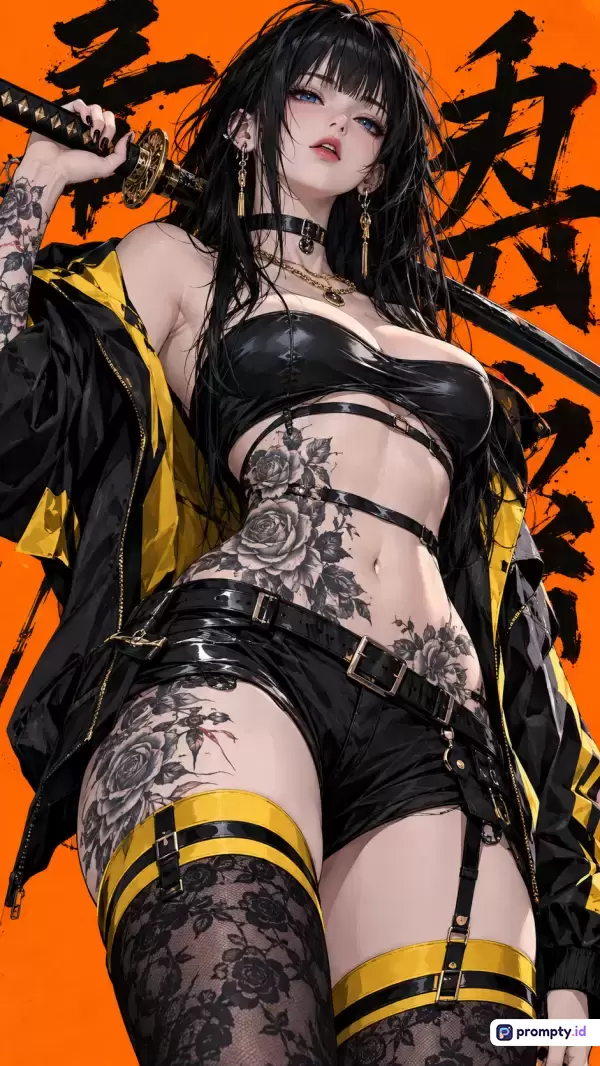 Gambar bergaya anime modern ini menampilkan konten karakter wanita berambut hitam bertato mawar yang memegang katana dengan latar belakang kaligrafi, menggunakan kata kunci wanita, anime, cyberpunk, mawar, dan samurai, serta didominasi oleh warna oranye, hitam, dan kuning.