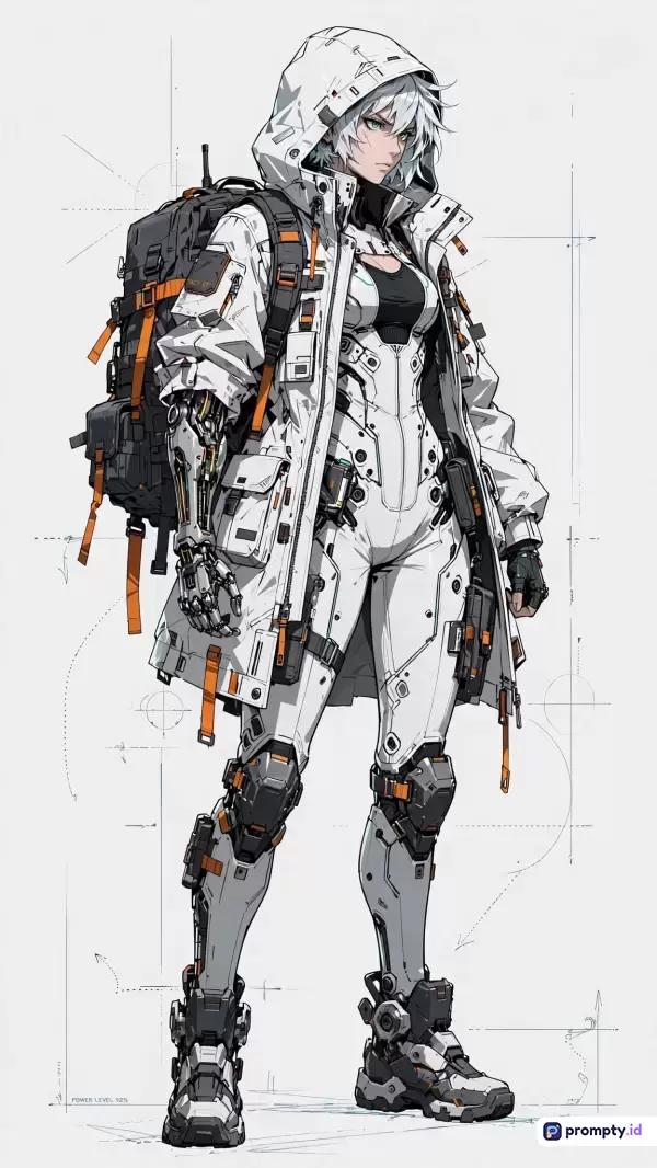 Gambar bergenre anime sci-fi cyberpunk ini menampilkan karakter wanita berambut putih berwajah tegas yang mengenakan jaket hoodie putih, setelan tempur futuristik, lengan prostetik mekanis, dan tas ransel besar, dengan dominasi warna putih, hitam, serta oranye, serta kata kunci fiksi ilmiah, teknologi masa depan, dan prajurit android.