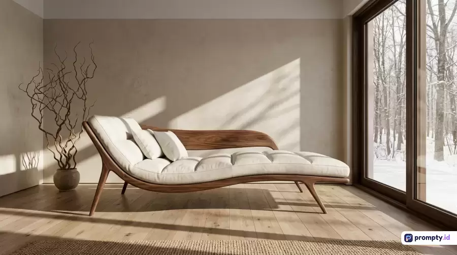 Gambar bergaya fotografi interior minimalis modern ini menampilkan konten kursi santai kayu lengkung berbalut jok putih di ruangan terang berlantai kayu dengan jendela besar yang memperlihatkan pemandangan salju di luar, serta menggunakan palet warna dominan cokelat kayu, krem lembut, dan putih bersih, dengan kata kunci desain interior, kursi minimalis, ruang tamu mewah, kayu alami, dan pemandangan musim dingin.