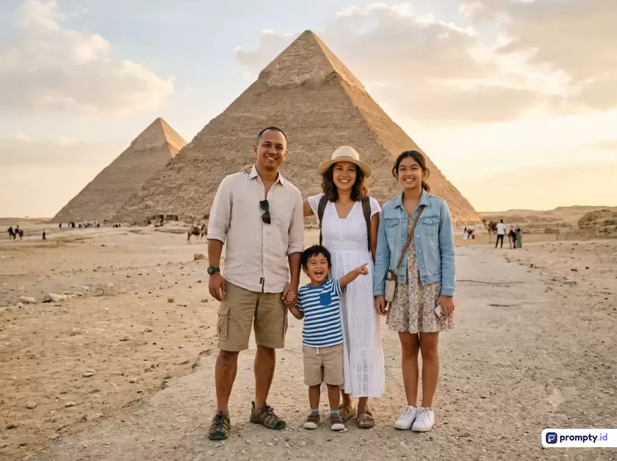Foto bergaya fotografi dokumenter perjalanan hangat dengan palet warna keemasan dan netral, menampilkan keluarga bahagia berempat berpose ceria di gurun pasir berlatar Piramida Giza Mesir, dengan kata kunci: liburan keluarga, Mesir, piramida, wisata sejarah, gurun.