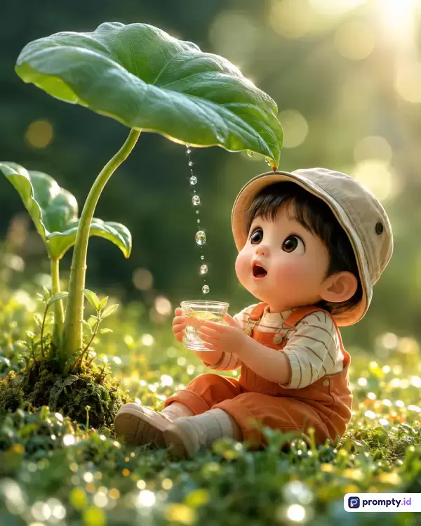 Gambar bergaya ilustrasi 3D yang sangat realistis ini menampilkan konten seorang anak kecil berambut hitam memakai topi krem dan baju kodok oranye sedang duduk di atas rerumputan hijau sambil menampung tetesan air dari daun talas besar ke dalam gelas, dengan palet warna dominan hijau, oranye, dan krem, serta kata kunci: anak kecil, ilustrasi 3D, alam, tetesan air, daun talas, menggemaskan, bokeh, sinematik, keajaiban, dan keceriaan.