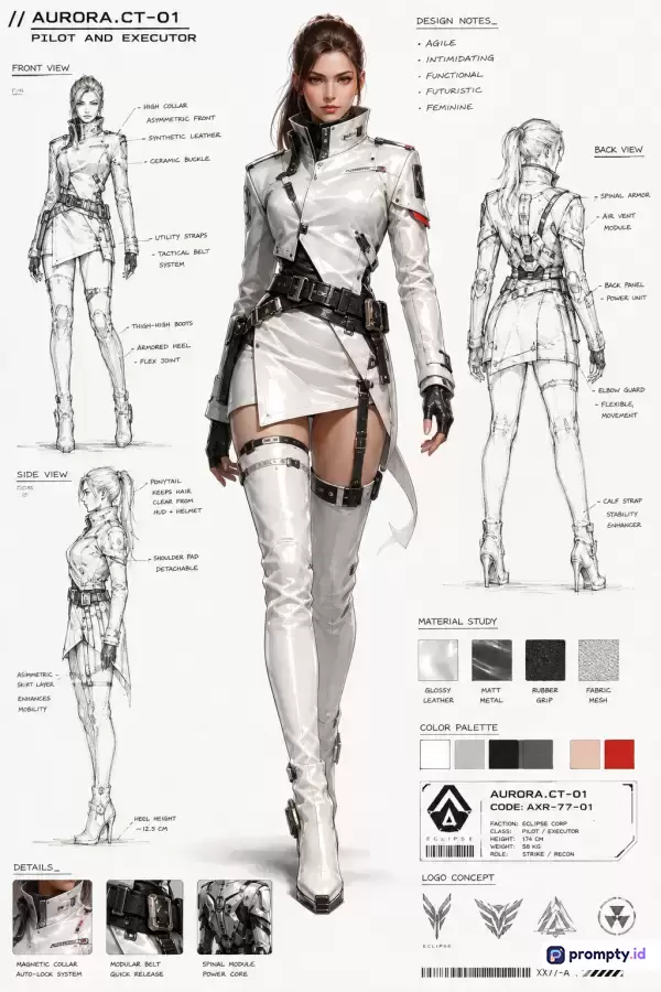 Gambar ini menampilkan lembar konsep karakter bergaya digital painting sci-fi anime yang menampilkan karakter wanita futuristik bernama Aurora.CT-01 berambut kuncir kuda dengan pakaian serba putih dan hitam lengkap dengan tampak depan, belakang, samping, serta studi material, dengan 3 warna dominan yaitu putih, hitam, dan abu-abu.
