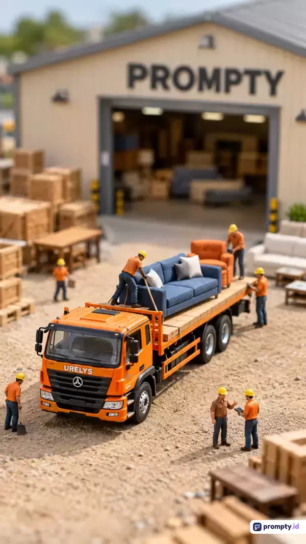 Gambar fotografi miniatur bergaya tilt-shift ini menampilkan adegan di depan gudang bertuliskan PROMPTY dengan konten figur pekerja dan truk oranye yang mengangkut sofa, menggunakan kata kunci seperti diorama, miniatur, truk pengangkut, dan logistik, dengan dominasi warna oranye, cokelat, dan biru.