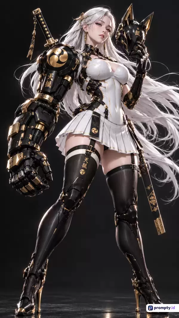 Gambar bergaya seni digital anime futuristik ini menampilkan karakter wanita berambut putih dengan lengan mekanik besar, mengenakan pakaian sci-fi kombinasi putih dan hitam beraksen emas, memegang topeng bertanduk, dengan kata kunci samurai modern, mecha, cybernetic, serta tiga warna dominan yaitu hitam, putih, dan emas.