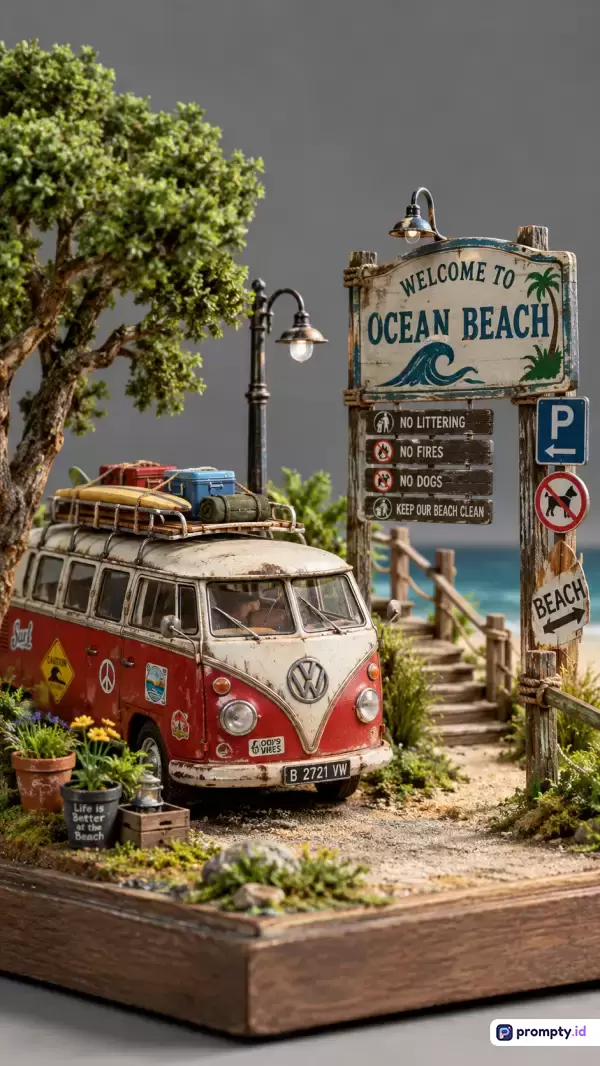 Gambar ini menampilkan diorama miniatur bergaya vintage yang sangat detail, menggambarkan sebuah mobil van Volkswagen merah putih klasik yang diparkir di dekat papan petunjuk Ocean Beach dengan latar belakang pohon rimbun, lampu jalan antik, tangga kayu menuju pantai, serta elemen dekoratif pot bunga dan papan larangan, yang didominasi oleh warna merah, cokelat, dan putih, serta dioptimalkan dengan kata kunci diorama miniatur, mobil van VW, pantai, gaya retro, dan karya seni buatan tangan.